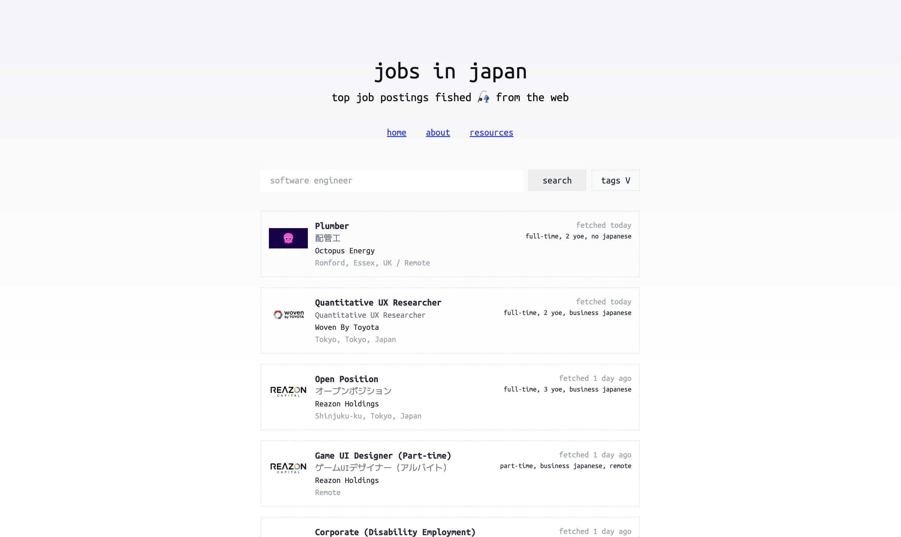 landing page of japan job board site